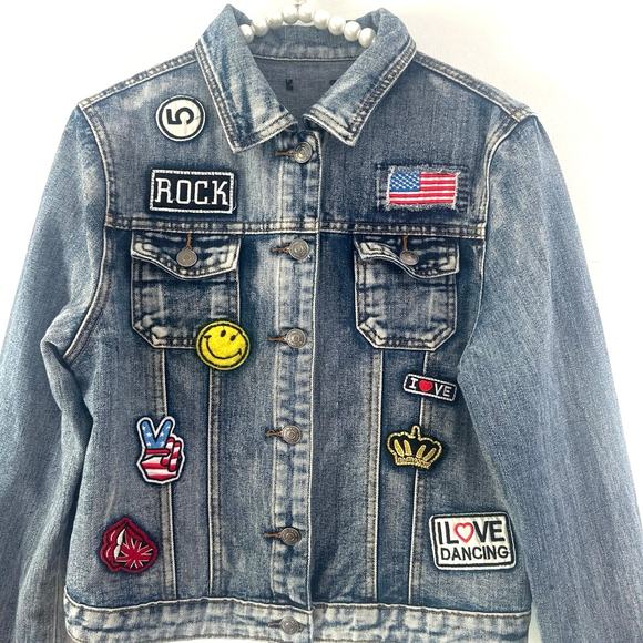 Architect Chiqle Denim Jacket Assorted Patches Jean Jacket SzM 100% Cotton
